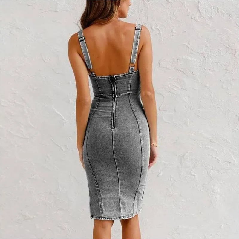 Robe camisole moulante fendue en denim à bretelles réglables et col en U